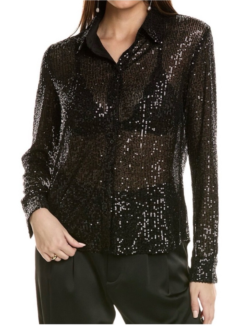 Wayf Black Sequined Long Sleeve Button-Down Shirt XL